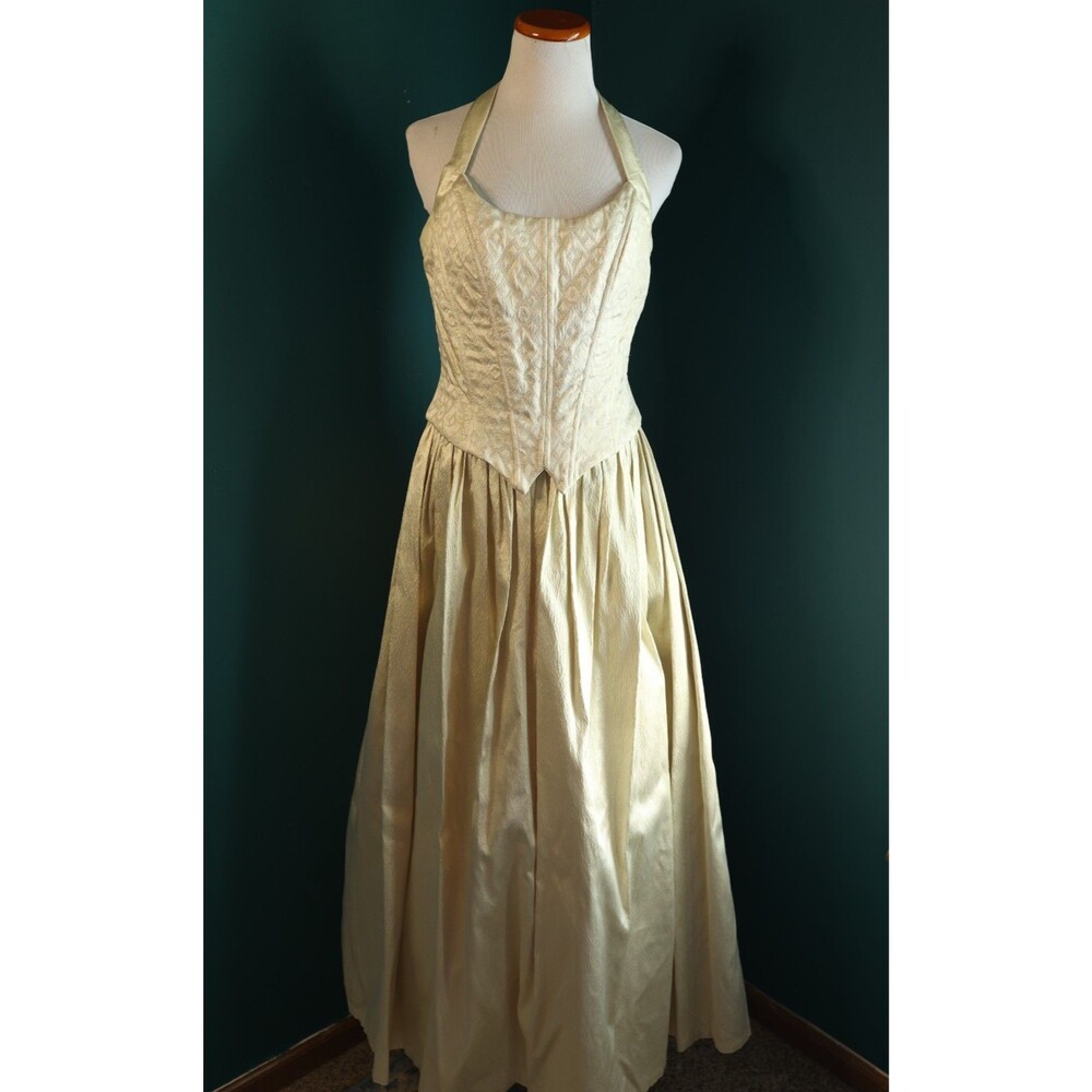 Vintage Gunne Sax Jessica McClintock Gold Tulle Corset Fairy Dress Halter Prom